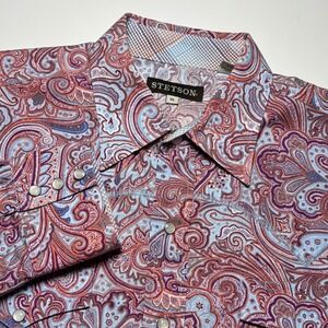 Stetson Paisley Pearl Snap Western Shirt Mens XL Flip Cuff Long Sleeve Pink Blue